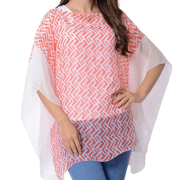 Coral Geometric Pattern Poncho - Picture 1 of 3